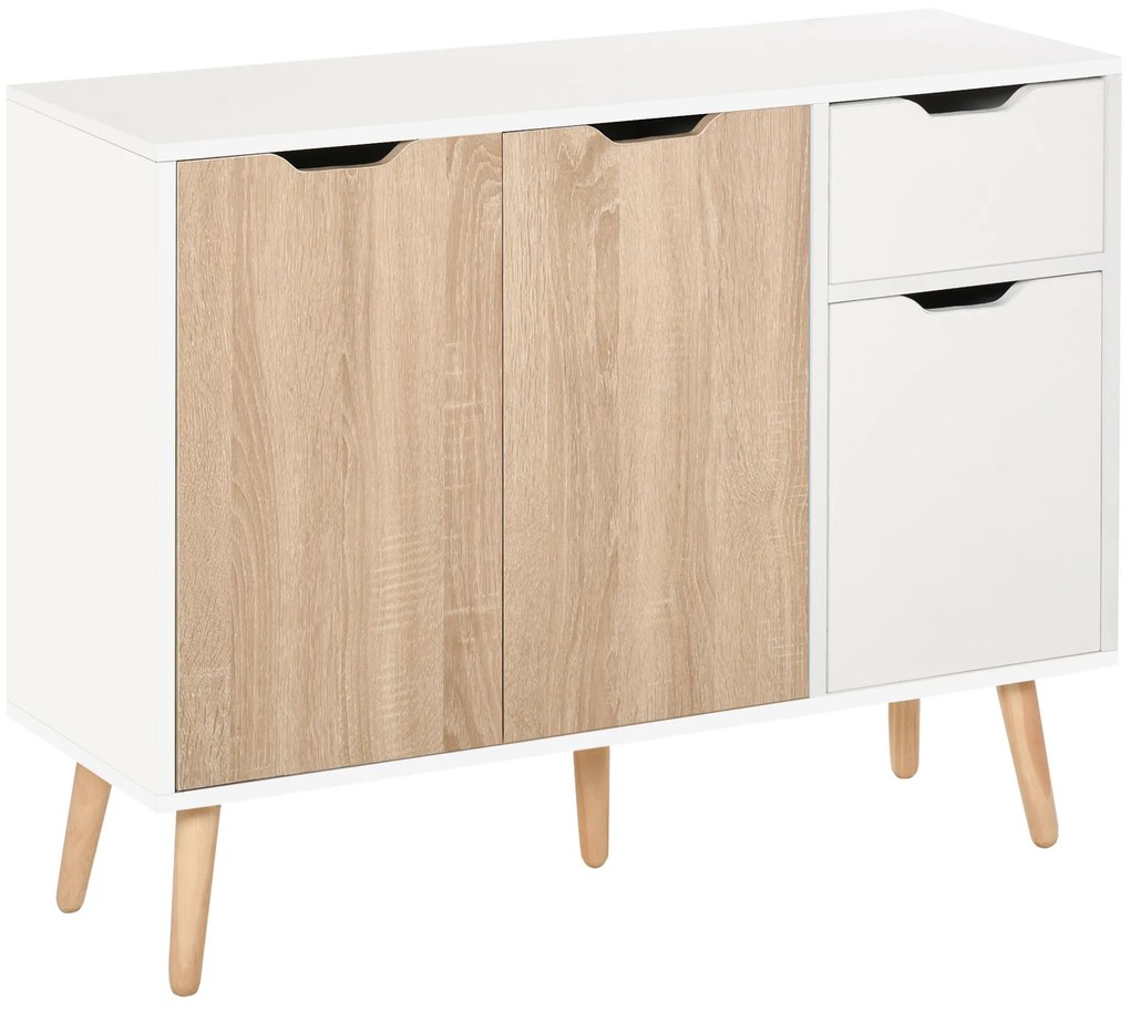 HOMCOM Aparador Branco Auxiliar de Armazenamento com 2 Armários de Porta Gaveta Pés de Madeira para Sala de Estar Cozinha | Aosom Portugal
