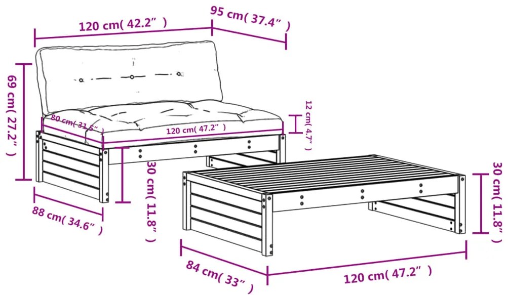 2 pcs conjunto lounge de jardim com almofadões madeira maciça