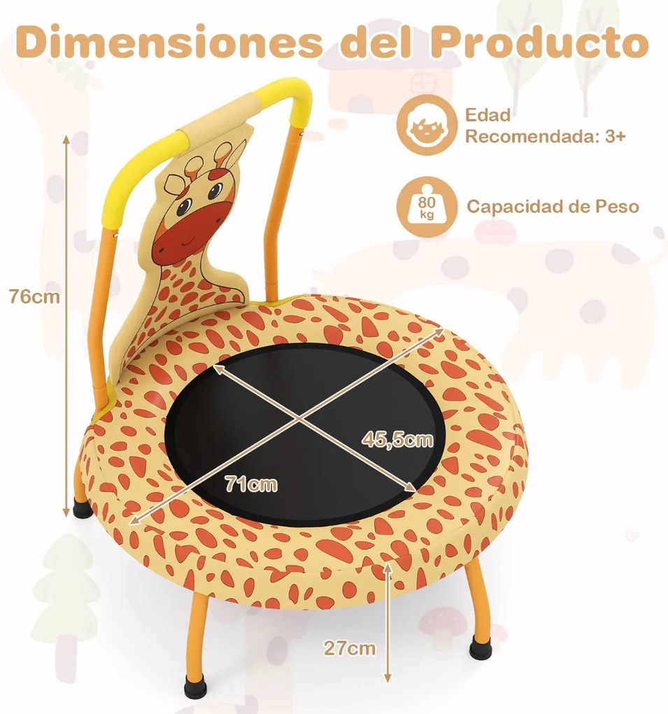 Mini trampolim girafa para crianças com alça acolchoada e capa de segurança em lona sem buracos para uso interno, de 3 a 6 anos Laranja