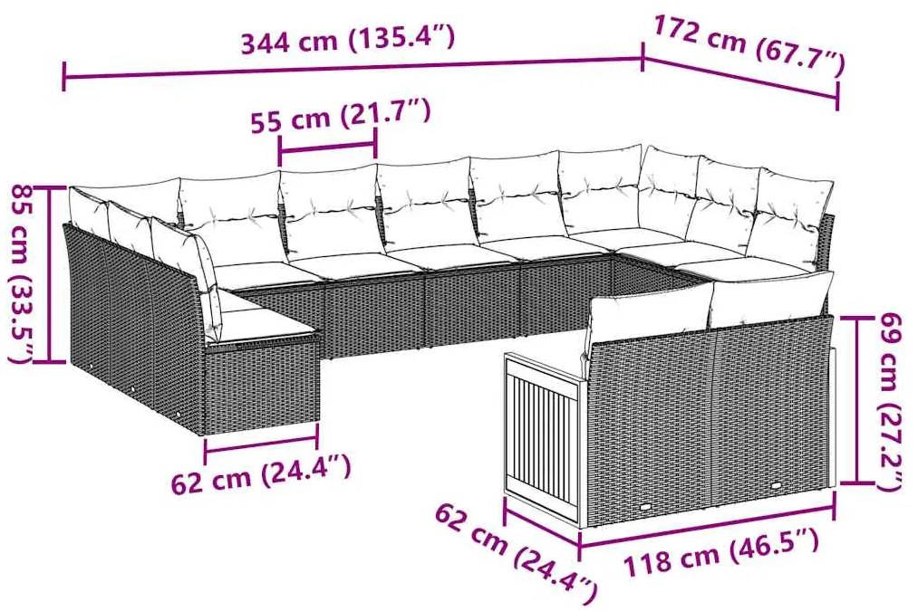 12 pcs conjunto de sofás de jardim c/ almofadões vime PE preto