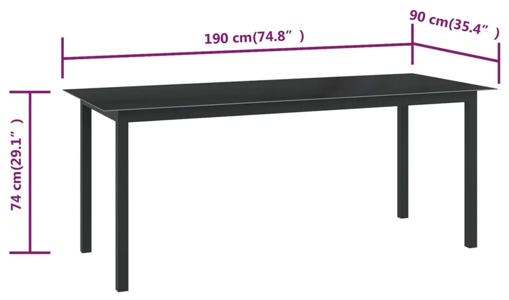 Mesa de jardim em alumínio e vidro 190x90x74 cm preto