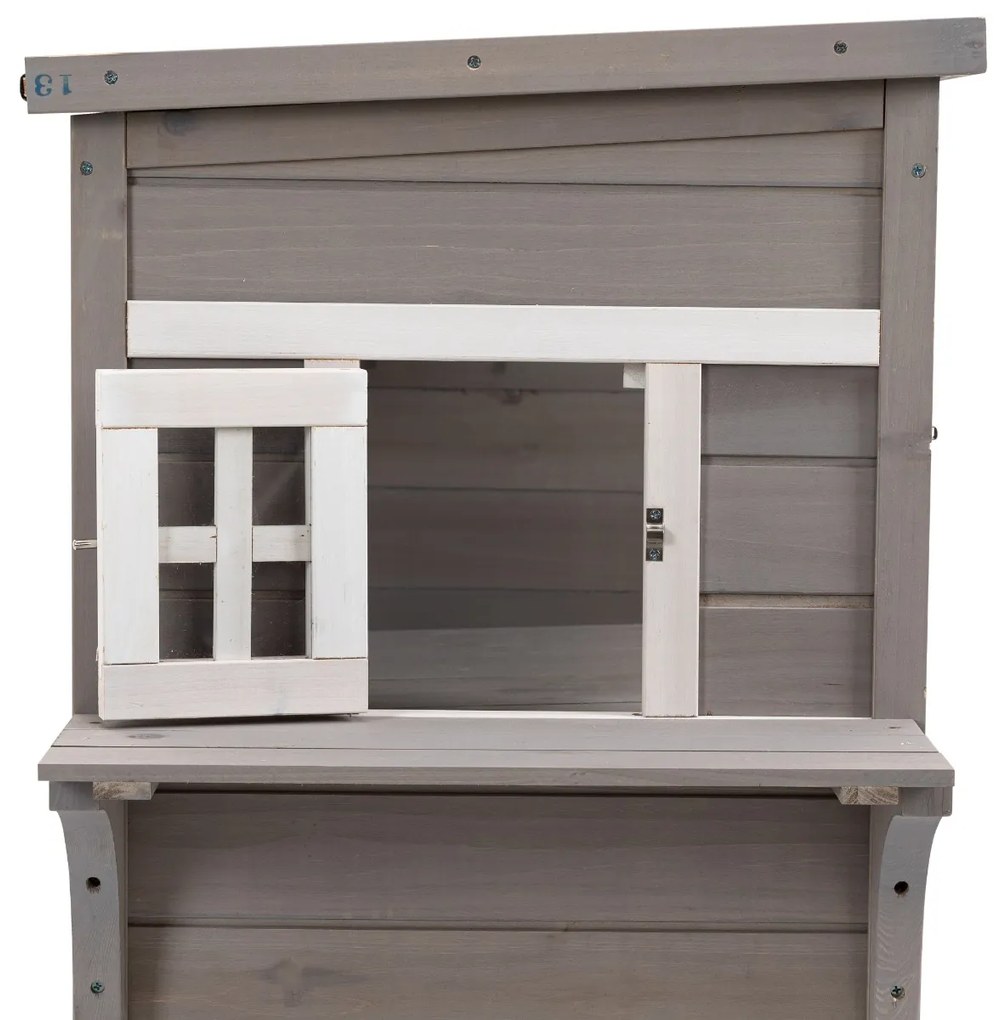 PawHut Casa para Gatos de Madeira Exterior Casa Grande para Gatos de 3 Andares com Múltiplas Entradas Janelas e 2 Plataformas para Terraço Balcão Jardim 98x68,5x122cm Cinza