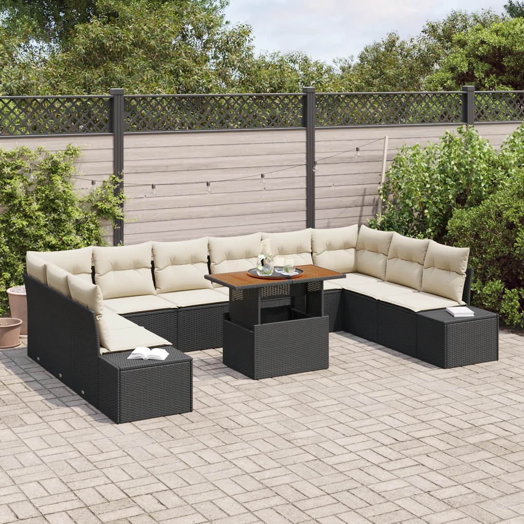 Conjunto de Sofá de Jardim de 11 Peças com Almofadas Preto Rattan Poli