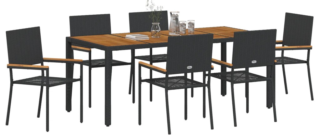 Conjunto de Jantar de Jardim vidaXL de 7 Peças em Rattan Preto