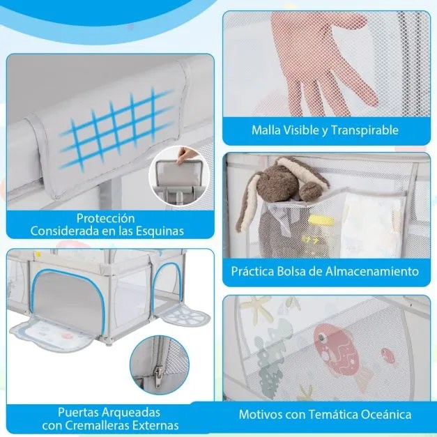 Parque infantil 206 x 147 x 68,5 cm com padrão oceânico Tapete Centro de atividades Atóxico Bolas Transpirável Fecho de correr Cinza