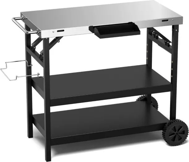 Carrinho de jantar para exterior com Estante ajustável Suporte ajustável para preparação de alimentos 106 x 52 x 84cm Preto e prateado