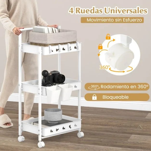 Carrinho de arrumação de 3 níveis com 2 copos suspensos 4 ganchos Barra de pega para a sala de estar Quarto Branco