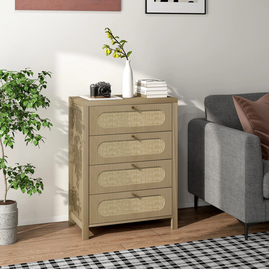 Cómoda com 4 gavetas, móvel de arrumação de estilo boémio com portas em resina trançada, 70 x 38 x 93 cm, efeito de madeira natural