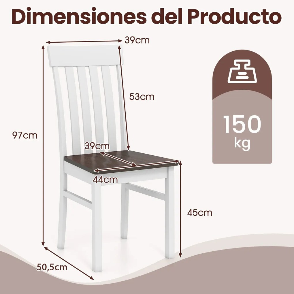 Conjunto de 2 cadeiras de jantar (MESA NÃO INCLUIDA) com encosto de ripas e assento em madeira de borracha Suporte de 150 kg para cozinha, sala de est