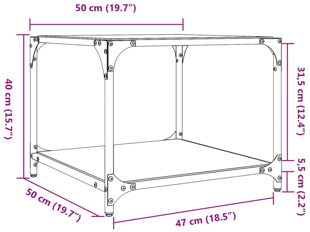 Mesa de centro c/ topo em vidro transparente 50x50x40 cm aço