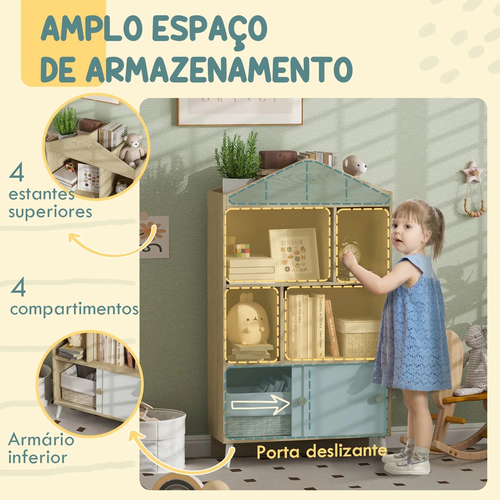 Estante Infantil com 4 Compartimentos Estante de Livros para Crianças com Prateleiras Abertas e Armário 80x30x140,5 cm Branco e Madeira