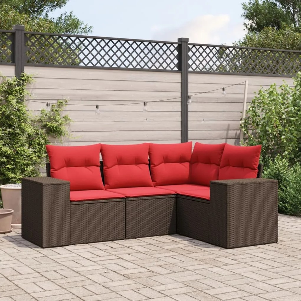 vidaXL 4 pcs conjunto sofás de jardim c/ almofadões vime PE castanho