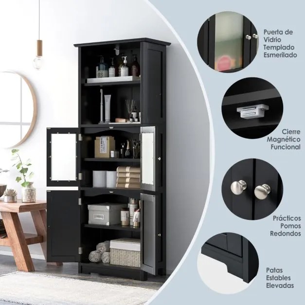 Armário multifunional alto com 2 portas Gaveta Estantes ajustáveis Armário de pé para sala Quarto Cozinha 60 x 30 x 163 cm Preto