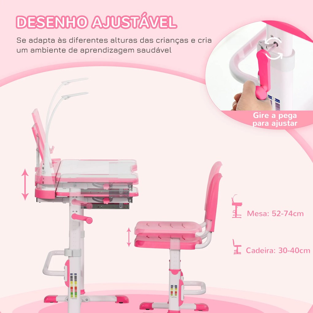 HOMCOM Conjunto de Secretária e Cadeira para Crianças acima de 3 Anos Secretária Infantil com Altura Ajustável Mesa Inclinável Gaveta Lâmpada LED e Suporte para Lápis 80x49,5x80-105cm e 36x34x60-73cm Rosa