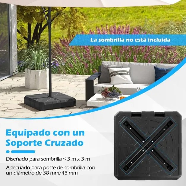 Base para guarda-sol de 45 litros / 60 kg, enchível com água ou areia, 67 x 67 x 13 cm