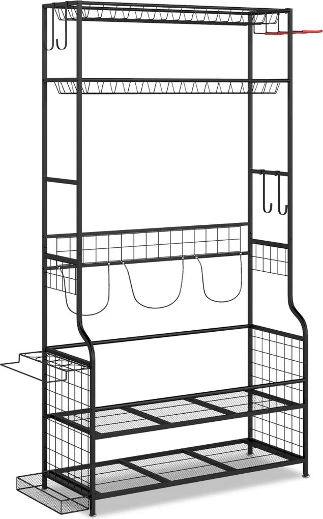 Organizador equipamento desportivo com rodas 132 x 40,5 x 194 cm, estrutura metálica, 4 ganchos e suporte adicional para 3 sacos de golfe e acessórios