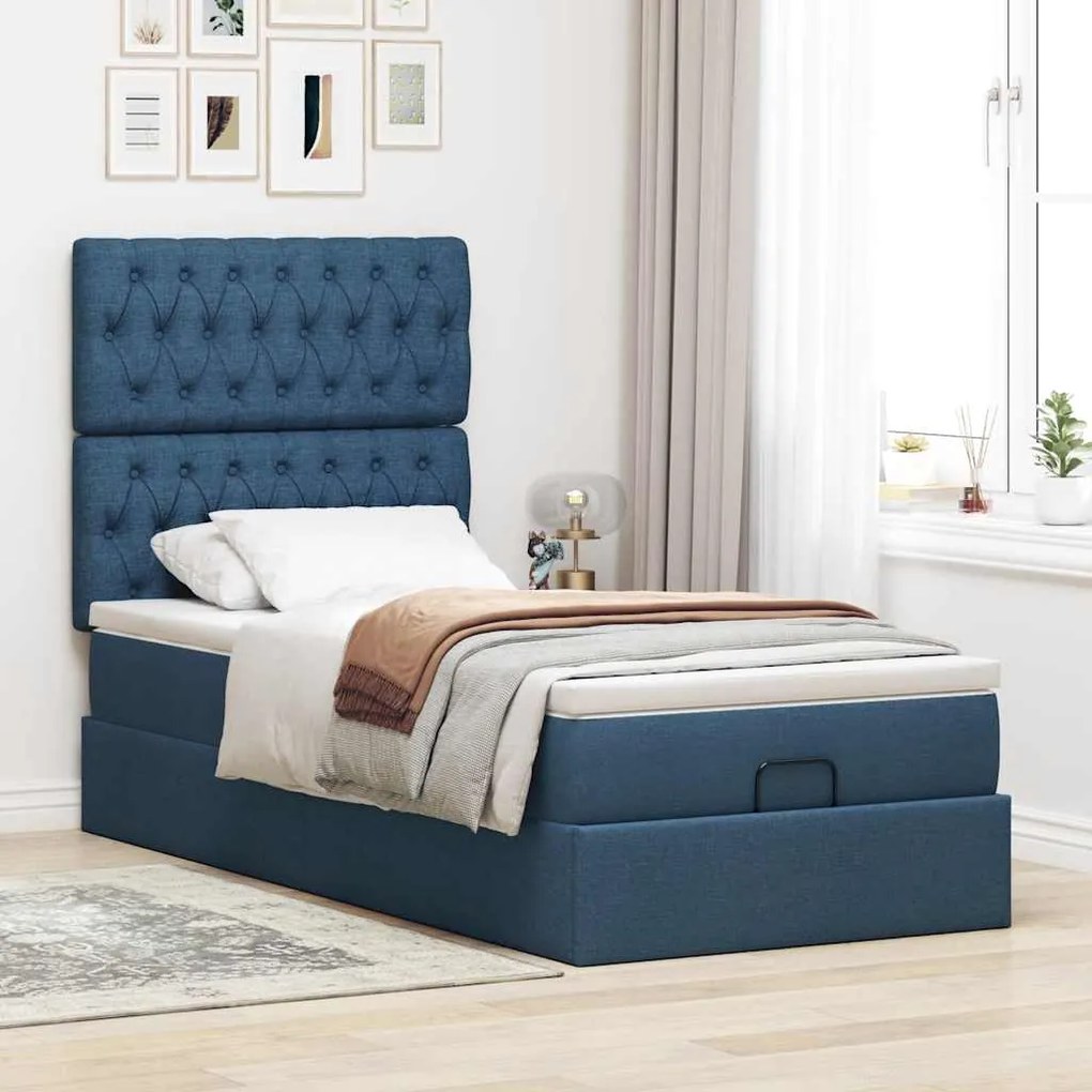Cama otomana com colchão 90x200 cm tecido azul