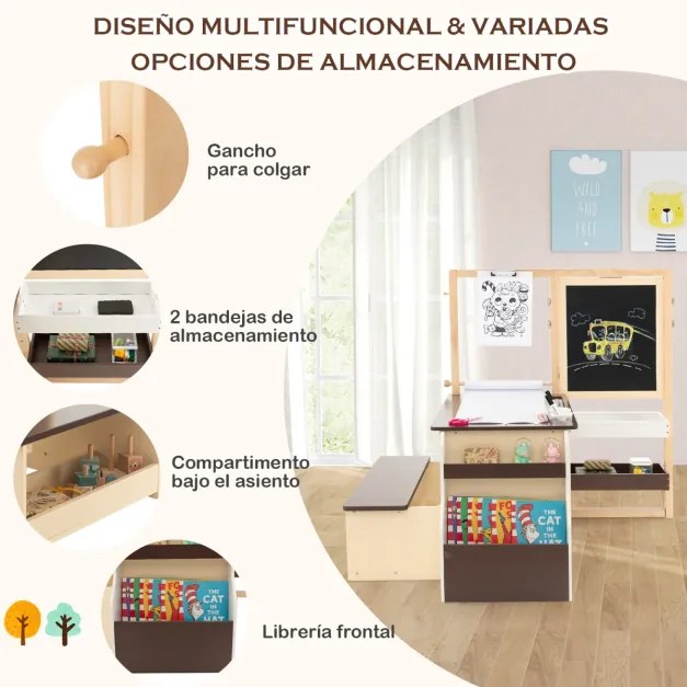 Conjunto de mesa e banco de arte para crianças com cavalete ajustável de dupla face, quadro magnético e rolos de papel substituíveis Castanho