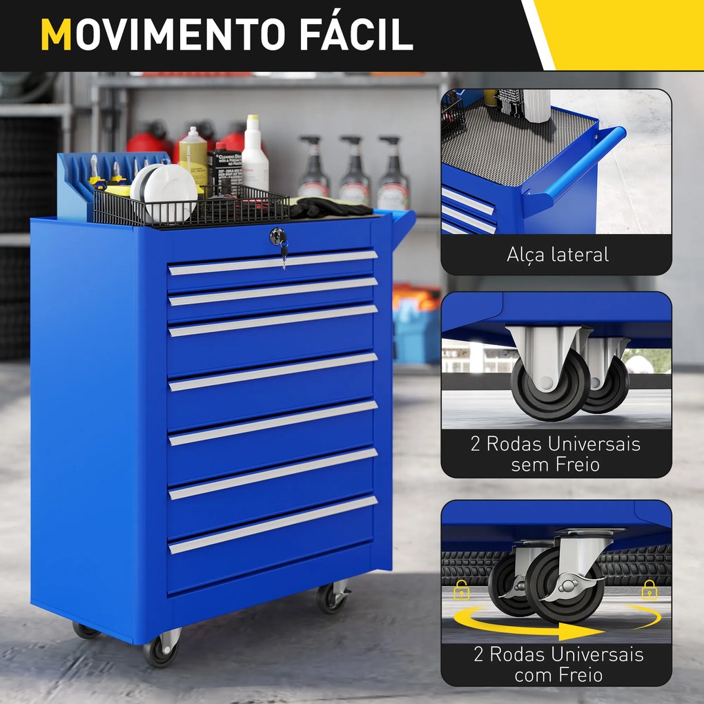 Carrinho de Ferramentas com 7 Gavetas Carrinho de Oficina com Fechadura Pega 2 Rodas com Travão 69x33x75 cm Azul