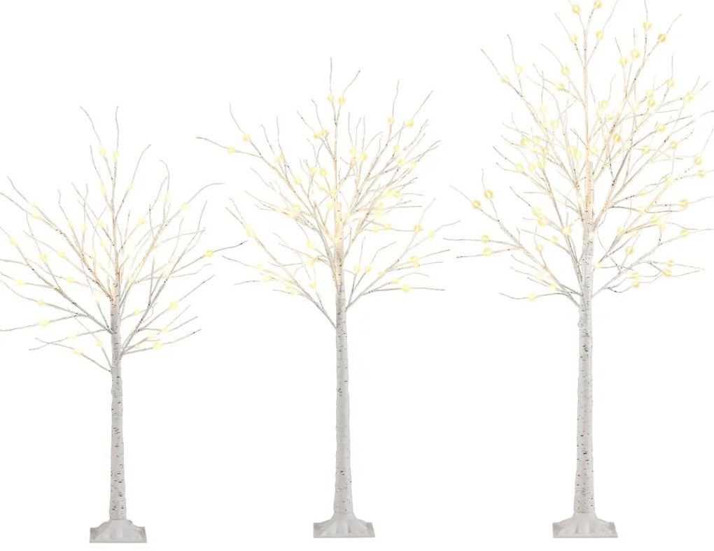 Conjunto de 3 árvores de bétula iluminadas de Natal artificiais pré-montadas de 120/150/180 cm com 216 luzes LED brancas