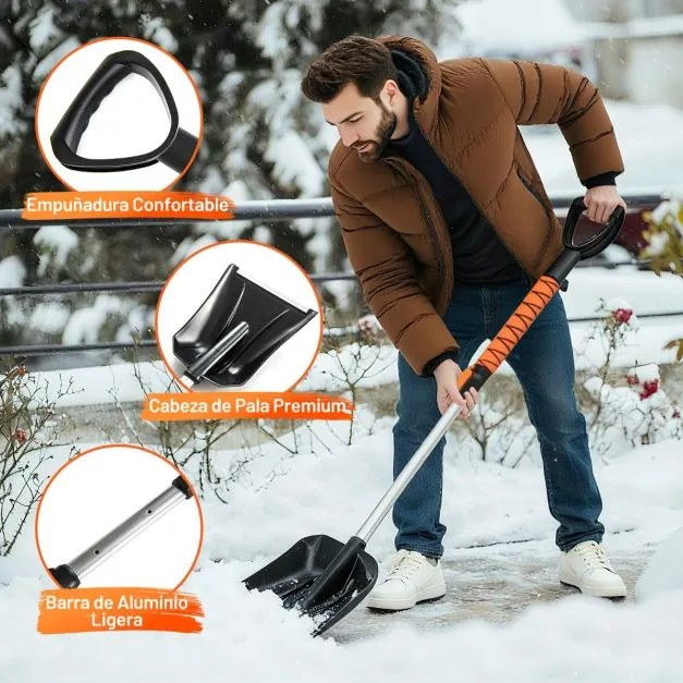 Pá de neve extensível 4 em 1 Raspador de gelo de 107 cm para pára-brisas Cabeça de escova giratória de 180° Cabo em EVA laranja