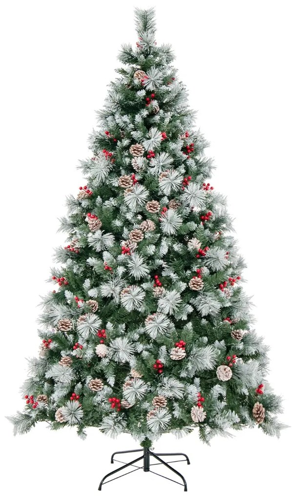 Árvore de Natal pré-iluminada de 215 cm com 747 pontas de ramos, 350 luzes LED, 55 pinhas e 55 bagas vermelhas