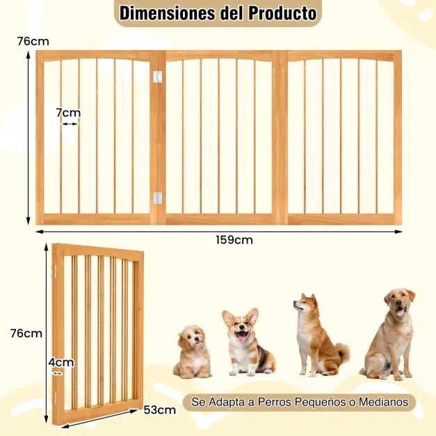 Barreira para cães Até 159 x 76 cm em madeira de abeto com rotação de 180° Barreira dobrável de 3 painéis Natural