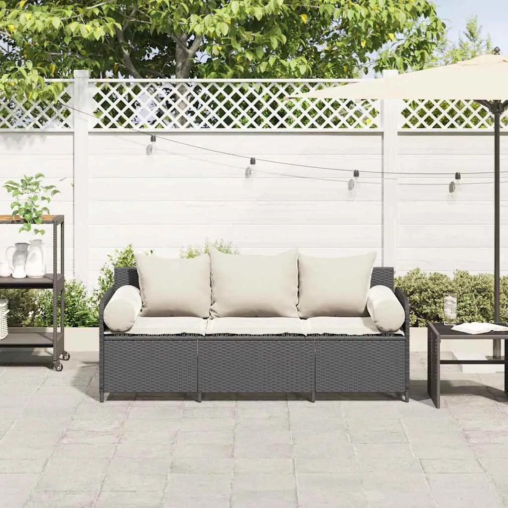 Sofá de jardim 3 lugares com almofadões vime PE preto