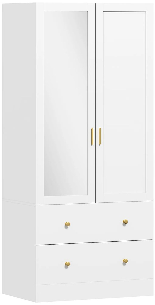 HOMCOM Roupeiro com  2 Portas e 2 Gavetas Armário Roupeiro com Espelho Barra para Pendurar Estilo Moderno 80x50x180 cm Branco | Aosom Portugal