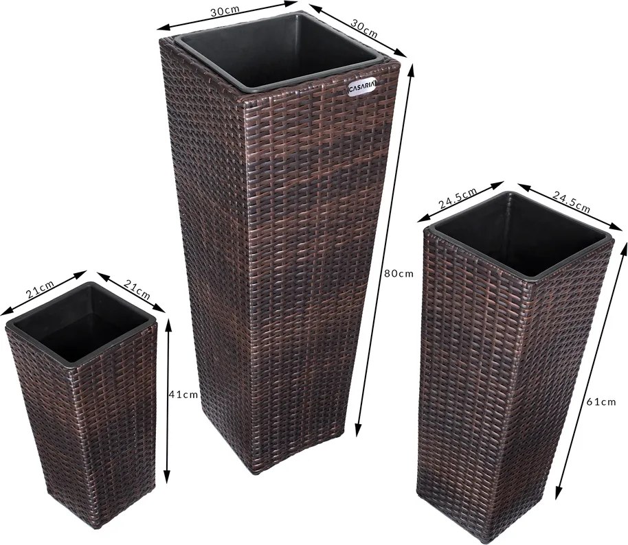Conjunto de 3 vasos jardim para flores Polyrattan Castanho