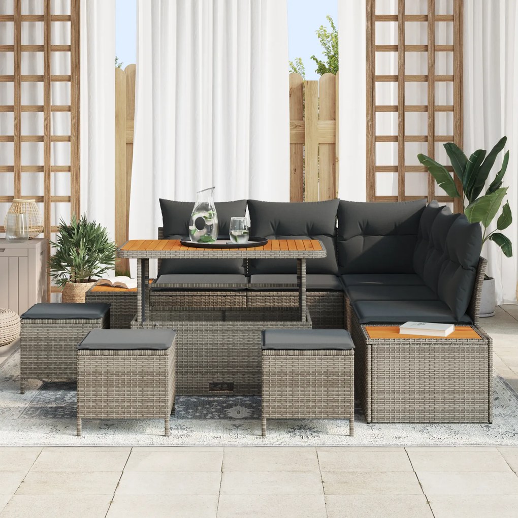 Conjunto de Sofá de Jardim vidaXL 9 Peças com Almofadas Rattan Polipro