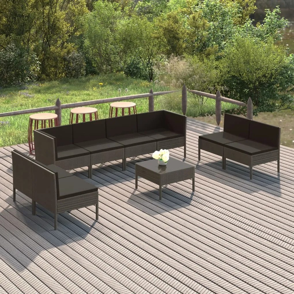 vidaXL 9 pcs conjunto lounge de jardim c/ almofadões vime PE cinzento