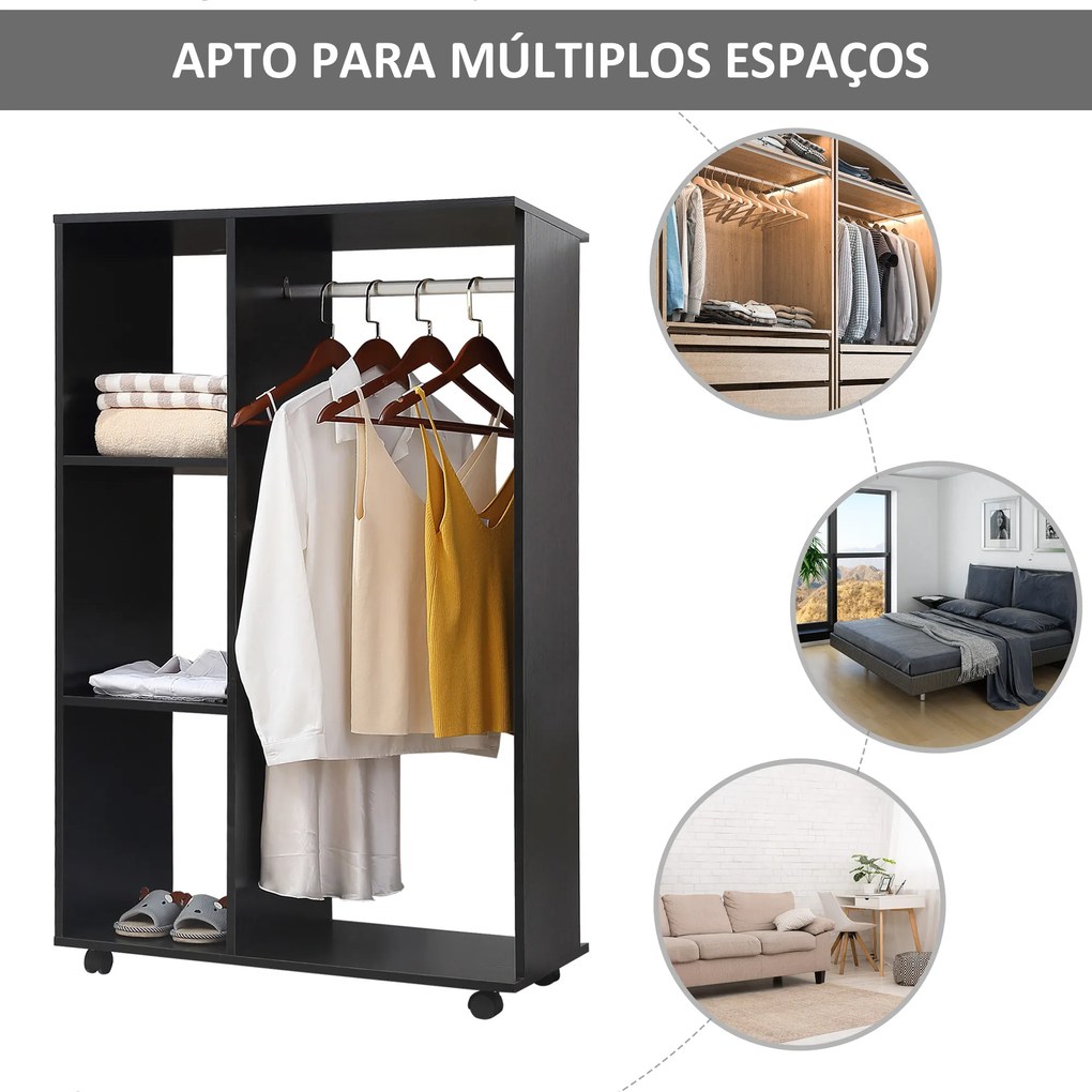 Guarda roupa de Madeira Móvel Armário Roupeiro Aberto com Barra para Pendurar e 3 Prateleiras Organizadoras 80x40x128 cm Preto