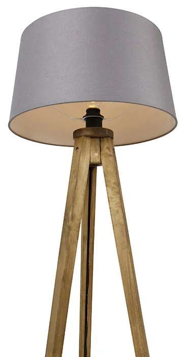 Candeeiro de pé rústico vintage em madeira com abajur em linho cinzento escuro 45 cm - Tripod Classic
