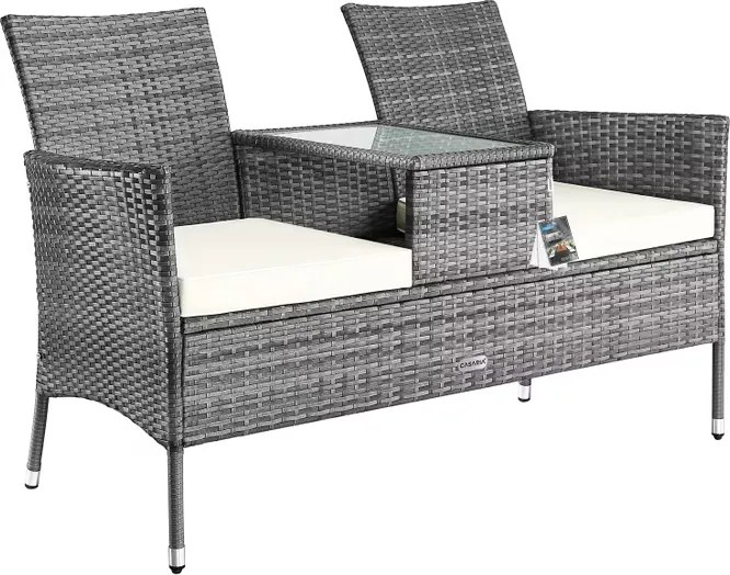 Banco de jardim Polyrattan 2 lugares 143x55x88cm cinzento/bege