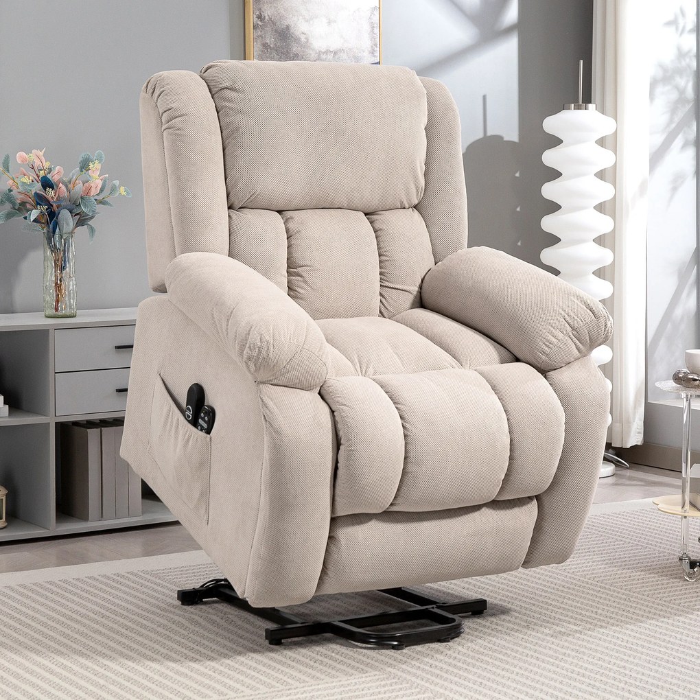 Poltrona elevatória elétrica com massagem e aquecimento, apoio para os pés, encosto reclinável, comando à distância e bolso lateral bege