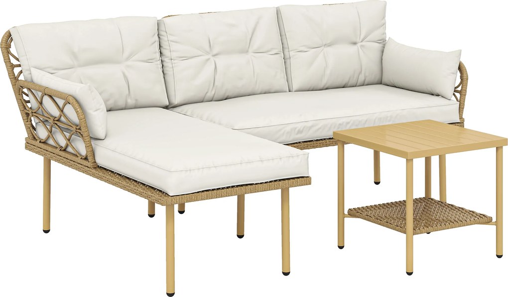 Outsunny Conjunto de Jardim Exterior em Vime com 1 Sofá de Dois Lugares 1 Espreguiçadeira e 1 Mesa de Centro Madeira e Creme | Aosom Portugal