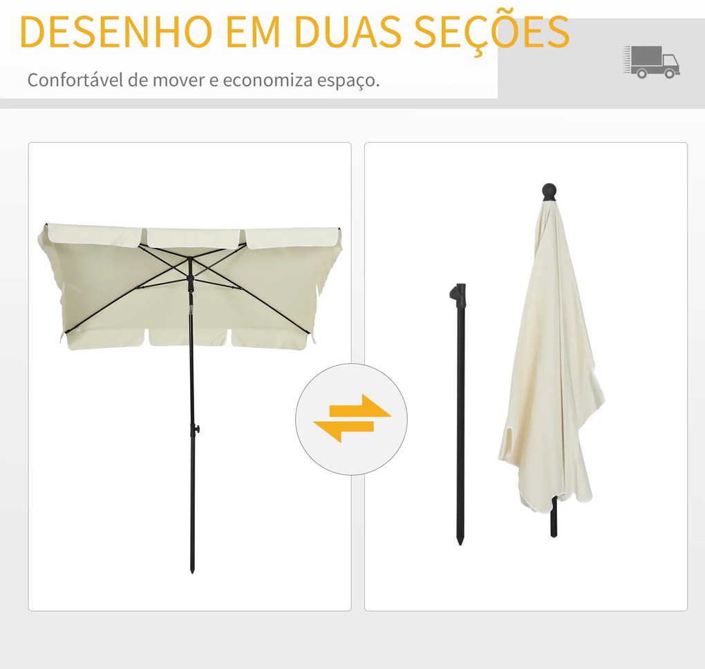 Chapéu de Sol Retangular de Jardim 198x130x240cm Chapéu de Sol de Alumínio com Função de Inclinação para Terraço Pátio Exterior Creme