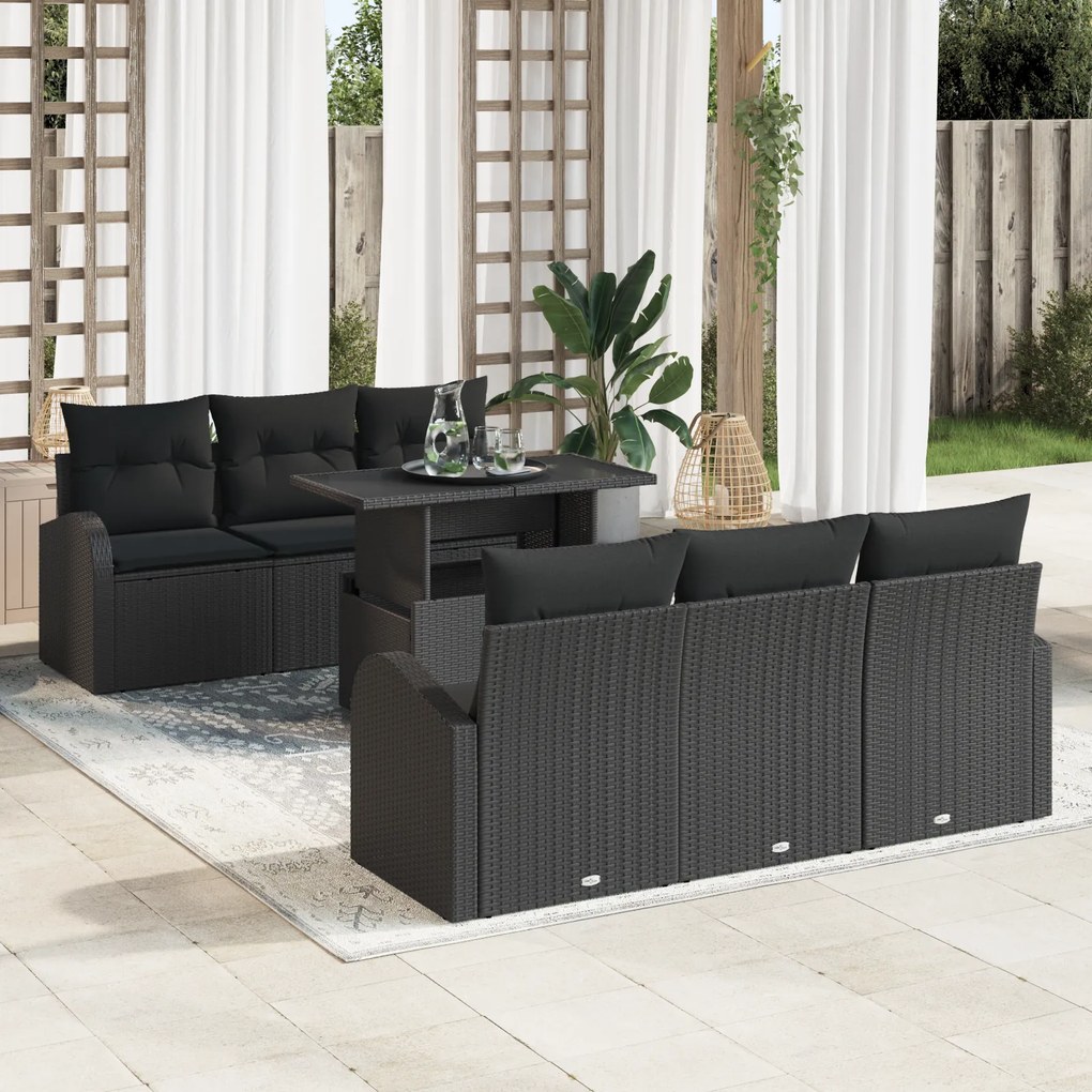 Conjunto de Sofás Jardim 7 Peças com Almofadas Preto Vime Poliéster, S