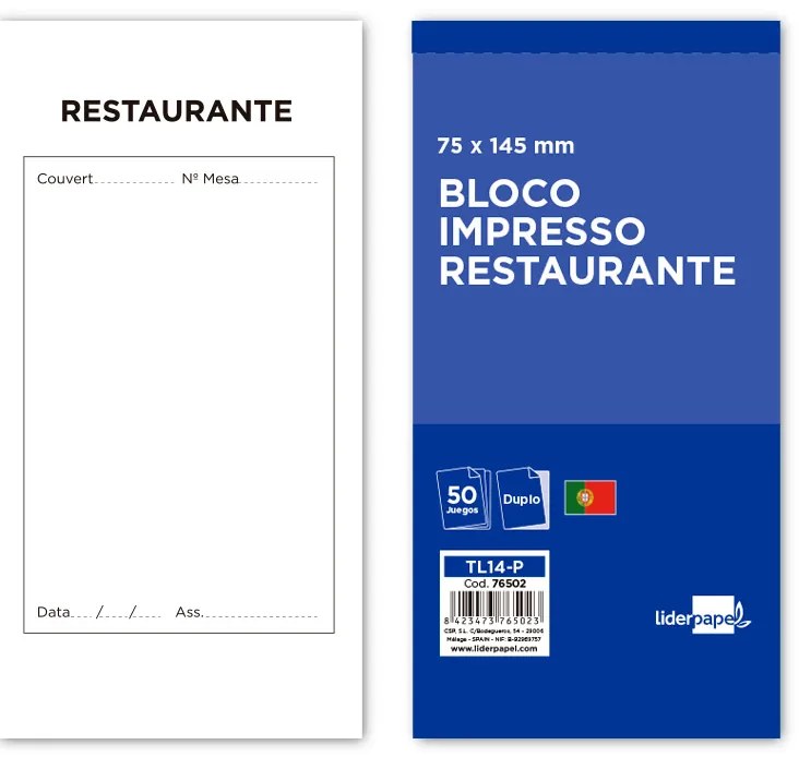 Bloco Restaurante 145x75 mm Original e Copia Texto em Portugues