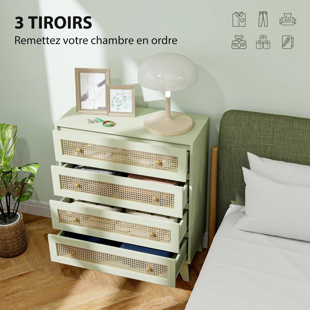 Cómoda com 4 gavetas 80 x 35 x 95 cm, móvel de arrumação em vime com efeito de madeira clara, verde