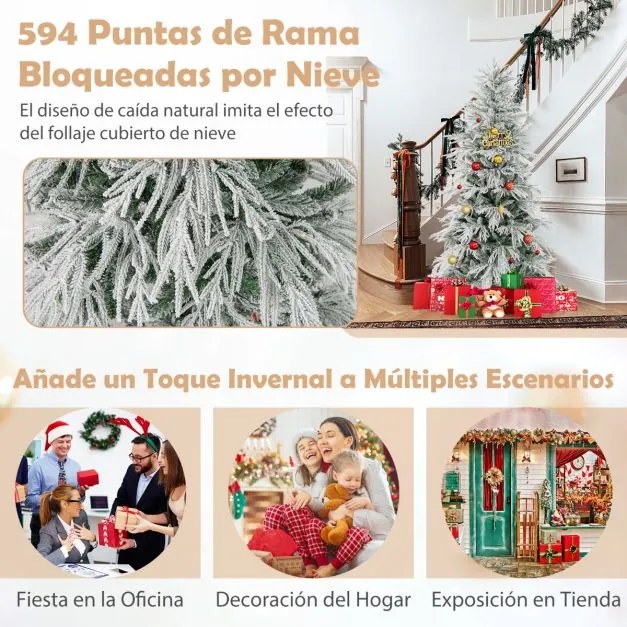 Árvore de Natal com neve 180 cm com luzes incorporadas 250 luzes LED brancas quentes 594 pontas de PVC e PE Verde e Branca