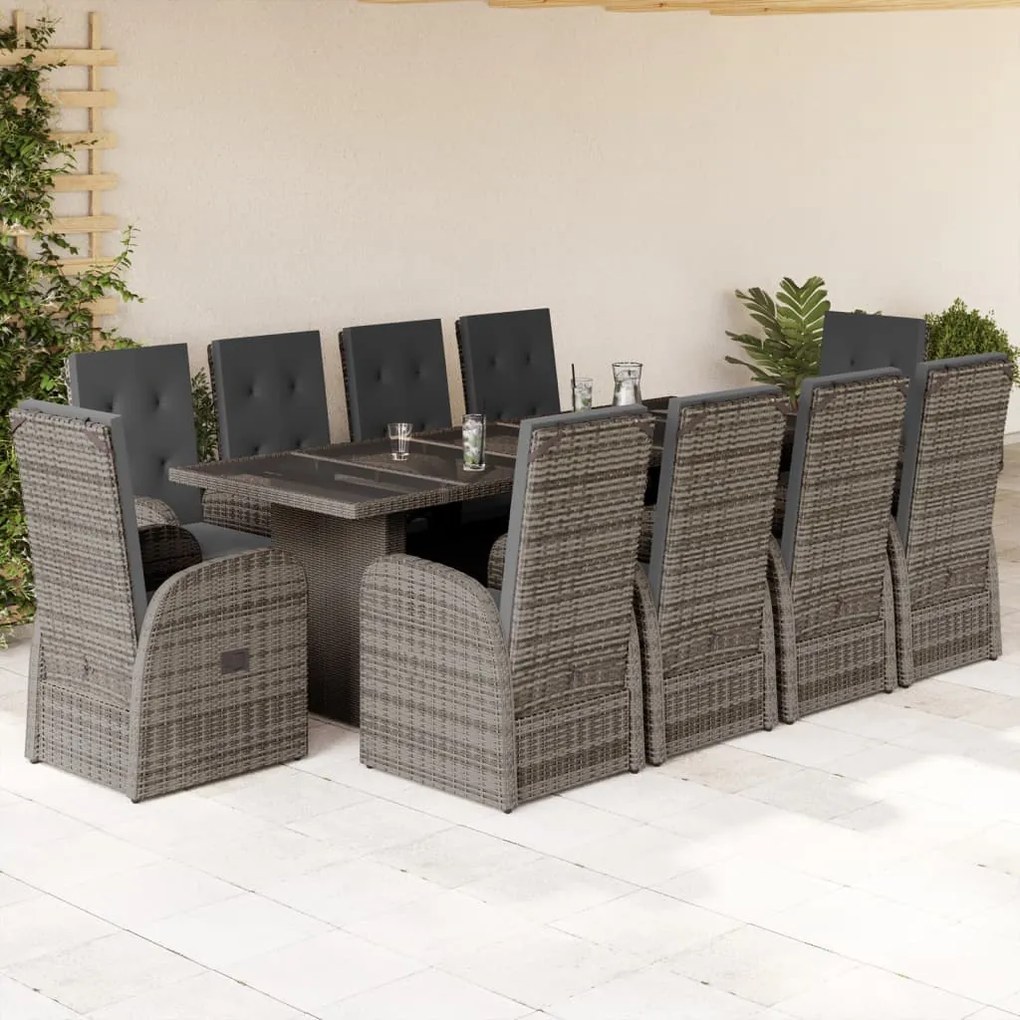 vidaXL 11 pcs conjunto jantar p/ jardim c/ almofadões vime PE cinzento