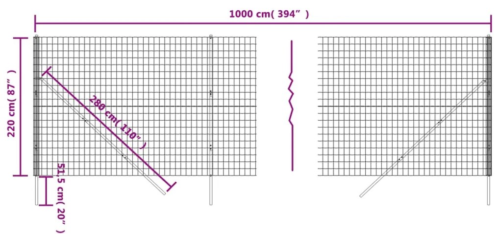 Cerca de malha de arame 2,2x10 m aço galvanizado antracite