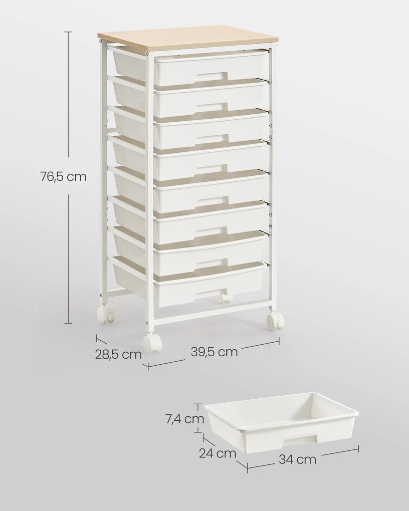 Carrinho com gavetas, 8 níveis, 39,5 x 28,5 x 76,5 cm Branco