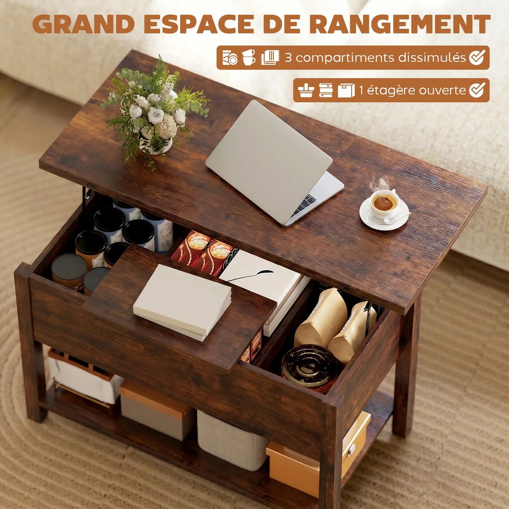 Mesa de Centro Elevável e Extensível, 100 x 90 x 63,5 cm, Tampo Duplo Ajustável, Castanho Rústico