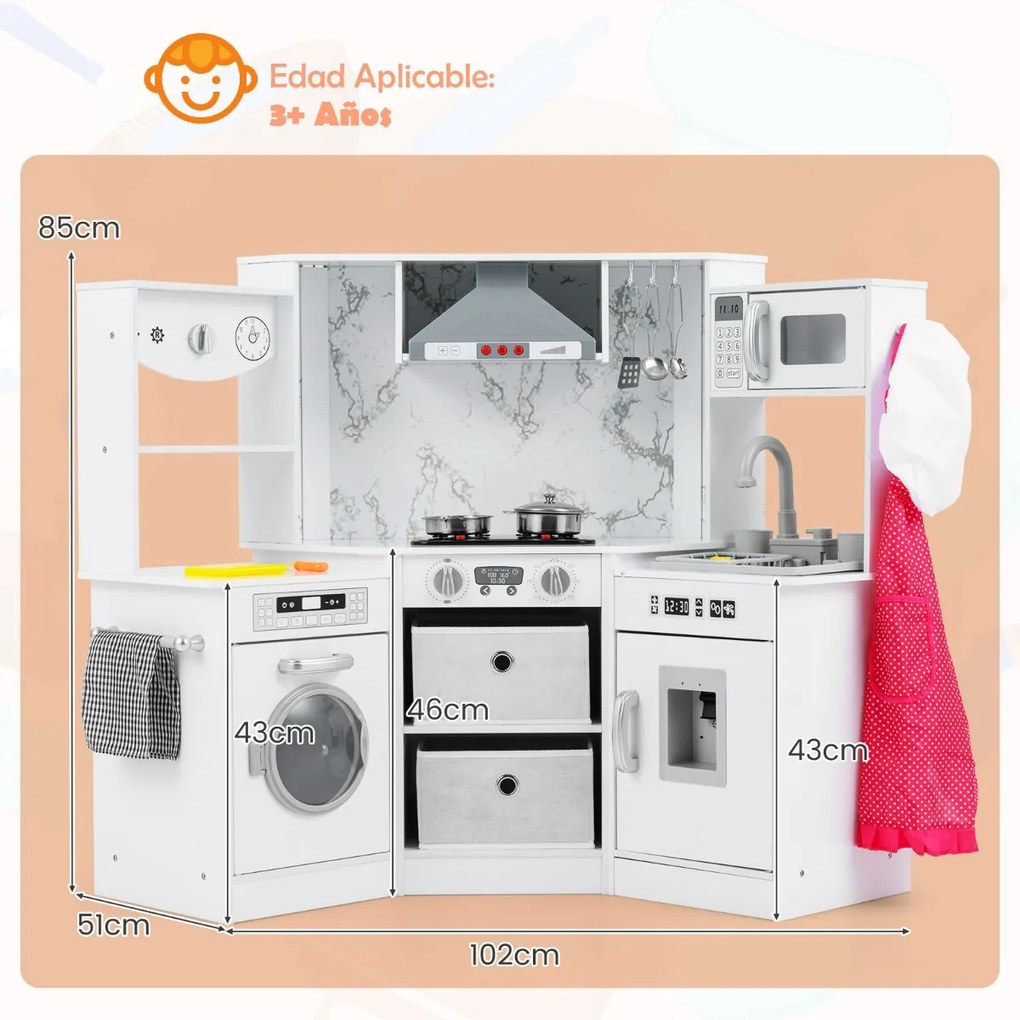 Cozinha Brincar de madeira para crianças 102 x 51 x 85 cm com luzes e sons, exaustor iluminado, sistema de água com dispensador e máquina de lavar par