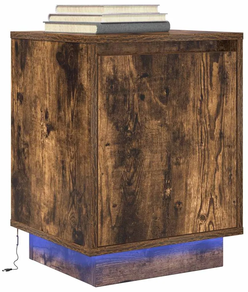 Mesas cabeceira c/ luzes LED 2 pcs 38x34x50 cm carvalho fumado