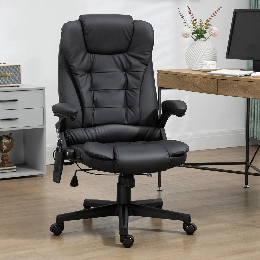 Cadeira de escritório com massagem e aquecimento elétrico, cadeira de escritório ergonómica com revestimento sintético preto