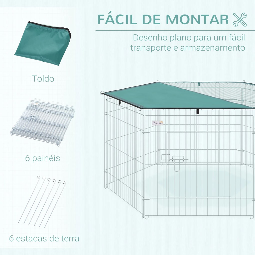 PawHut Parque para Animais de Estimação com 6 Painéis 59x60cm Dobrável Cerca para Animais de Estimação com Porta com Trava e Toldo Superior para Jardim Pátio Exterior Prata
